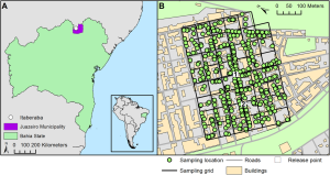 Skutečná lokalita testování GM komára (Juazeiro – Bahia) (zdroj: http://journals.plos.org)